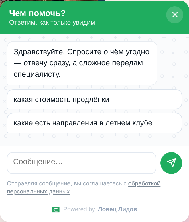 Чат на сайте клиента: приветствие, готовые вопросы посетителя и согласие на обработку данных.
